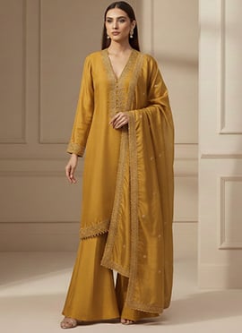 Mustard Silk Zari Cutdana Palazzo Suit