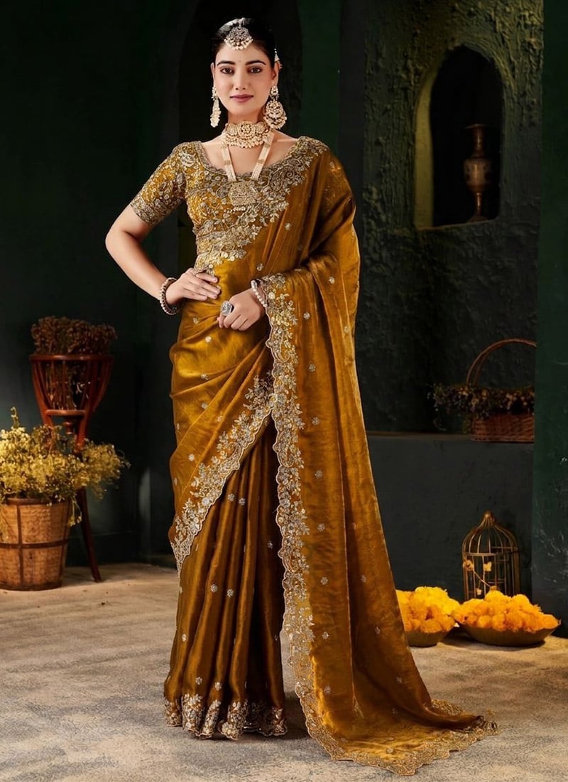 Mustard Silk Zari Embroidered Saree After Six Wear