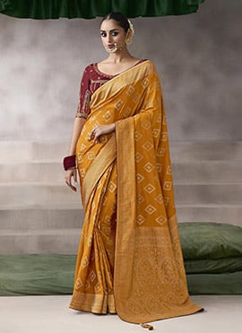 Mustard Silk Zari Embroidered Sequins Jacquard Saree
