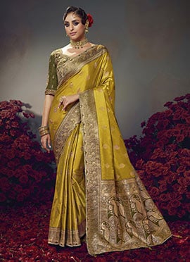 Mustard Silk Zari Embroidered Sequins Jacquard Saree