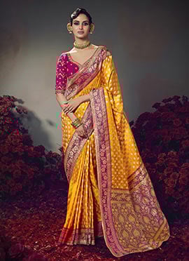 Mustard Silk Zari Embroidered Sequins Jacquard Saree