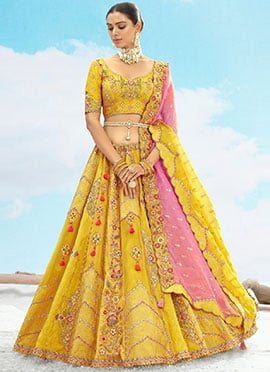 Mustard Silk Zari Embroidered Sequins Lehenga