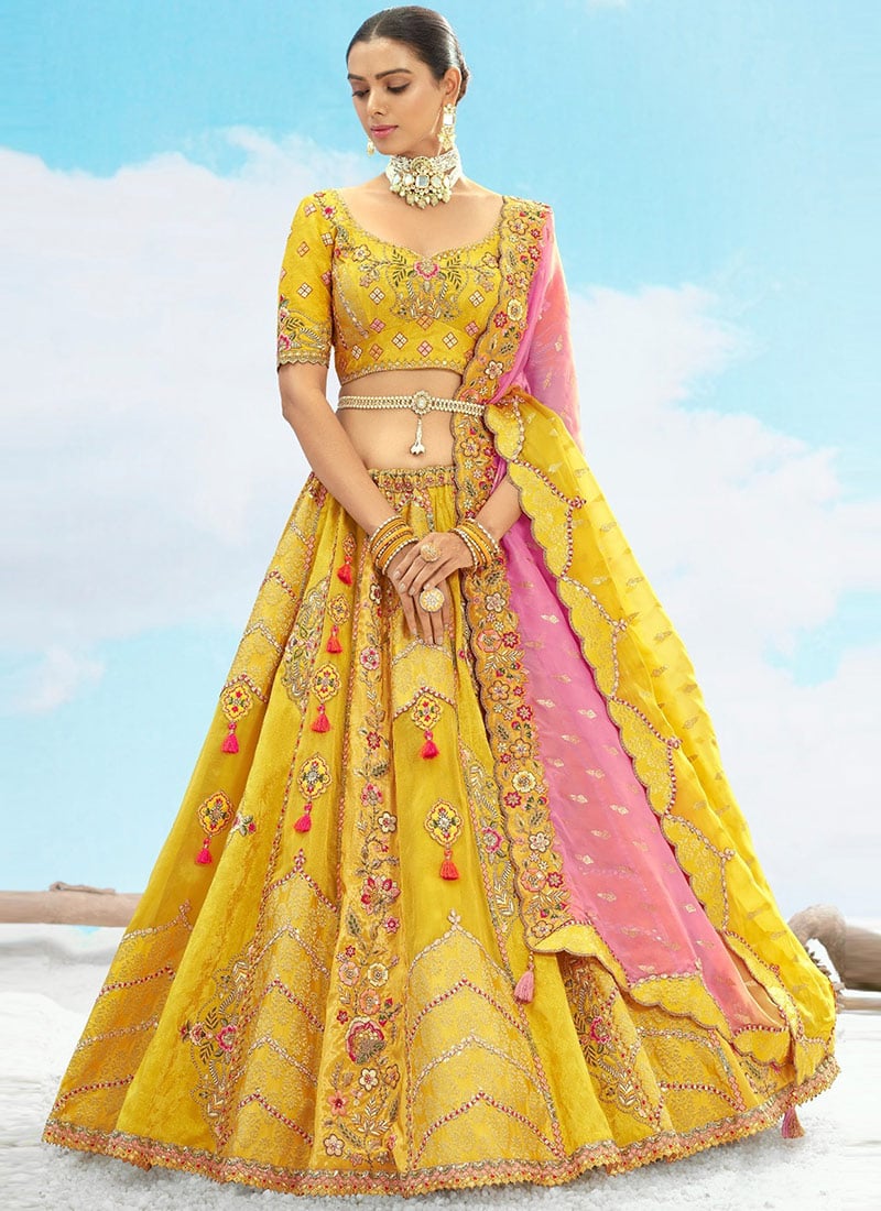 Mustard Silk Zari Embroidered Sequins Lehenga