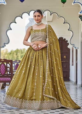 Mustard Silk Zari Embroidered Sequins Lehenga