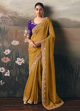 Mustard Silk Zari Embroidered Sequins Saree