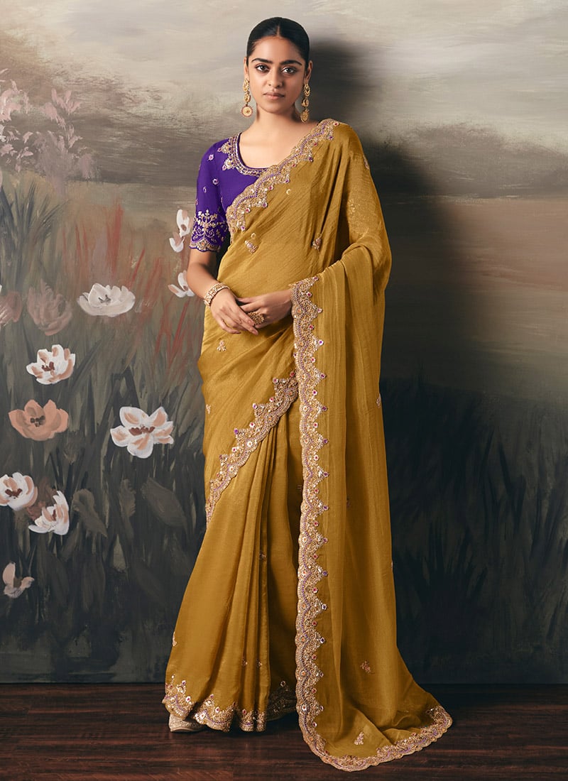 Mustard Silk Zari Embroidered Sequins Saree Wedding Wear