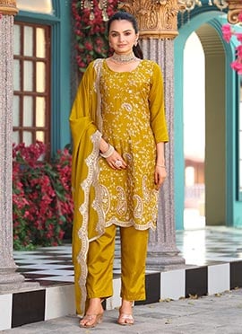 Mustard Silk Zari Embroidered Sequins Straight Pant Suit