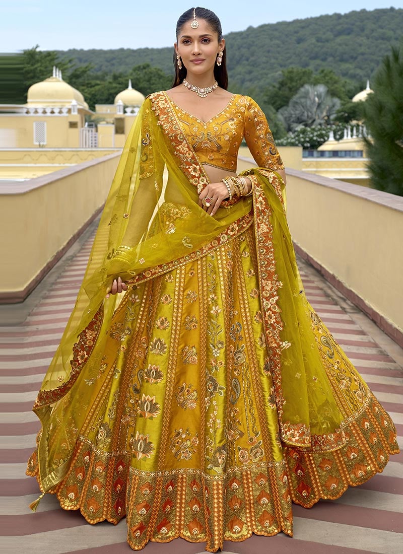 Mustard Silk Zari Embroidered Sequins With Stone Work Lehenga Wedding Wear