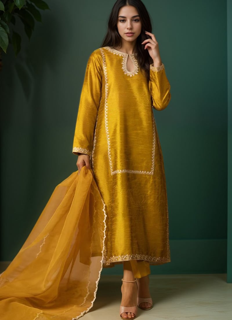 Mustard Silk Zari Hand Embroidered Straight Pant Suit Festive Wear