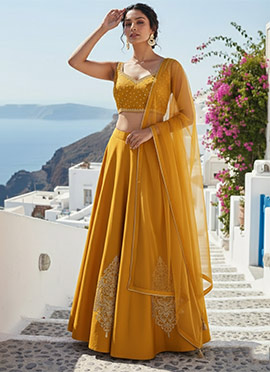 Mustard Silk Zari Hand Embroidered Stones Sequins Lehenga
