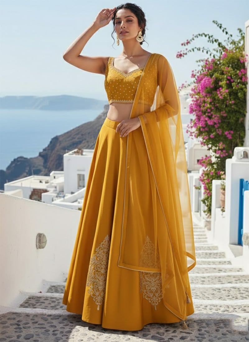 Mustard Silk Zari Hand Embroidered Stones Sequins Lehenga Wedding Wear