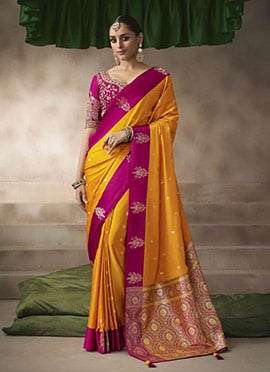 Mustard Silk Zari Jacquard Embroidered Sequins Saree