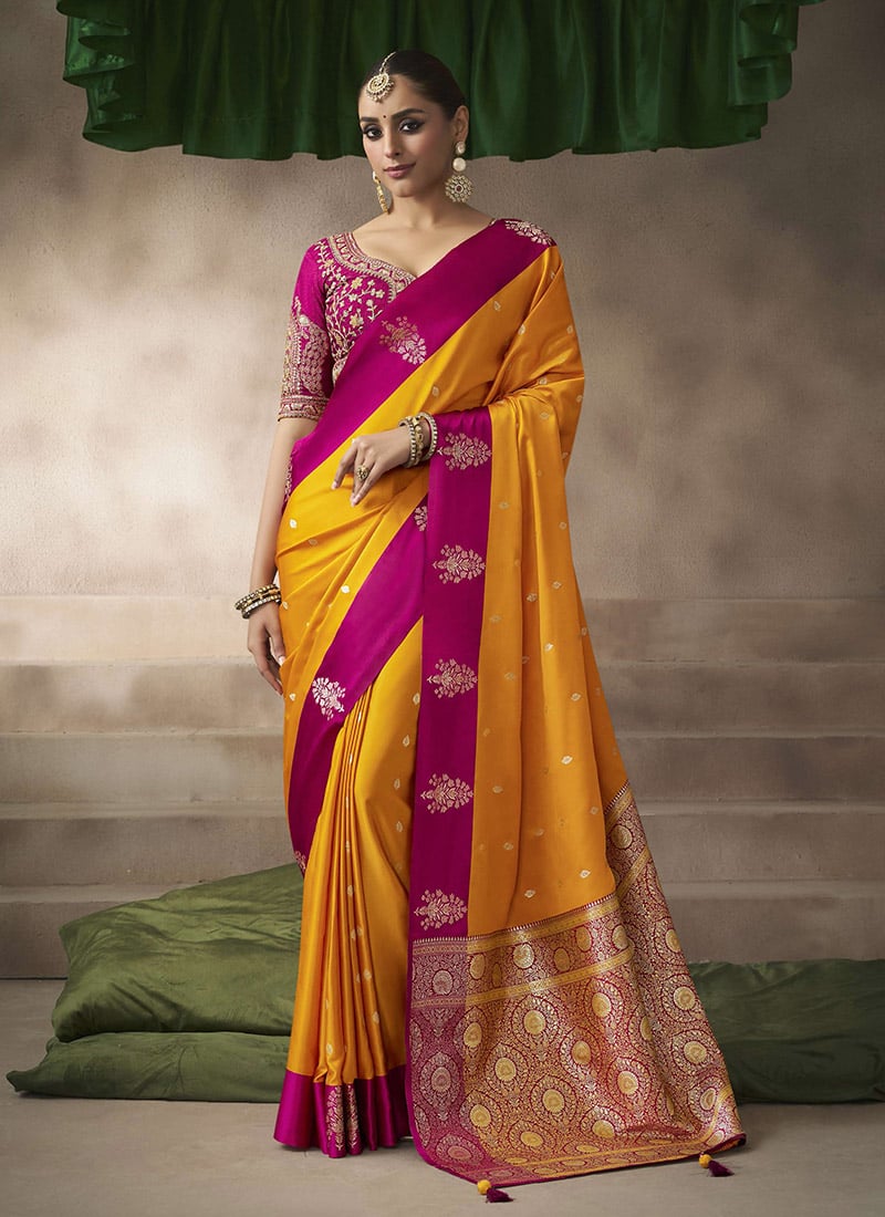 Mustard Silk Zari Jacquard Embroidered Sequins Saree Festive Wear