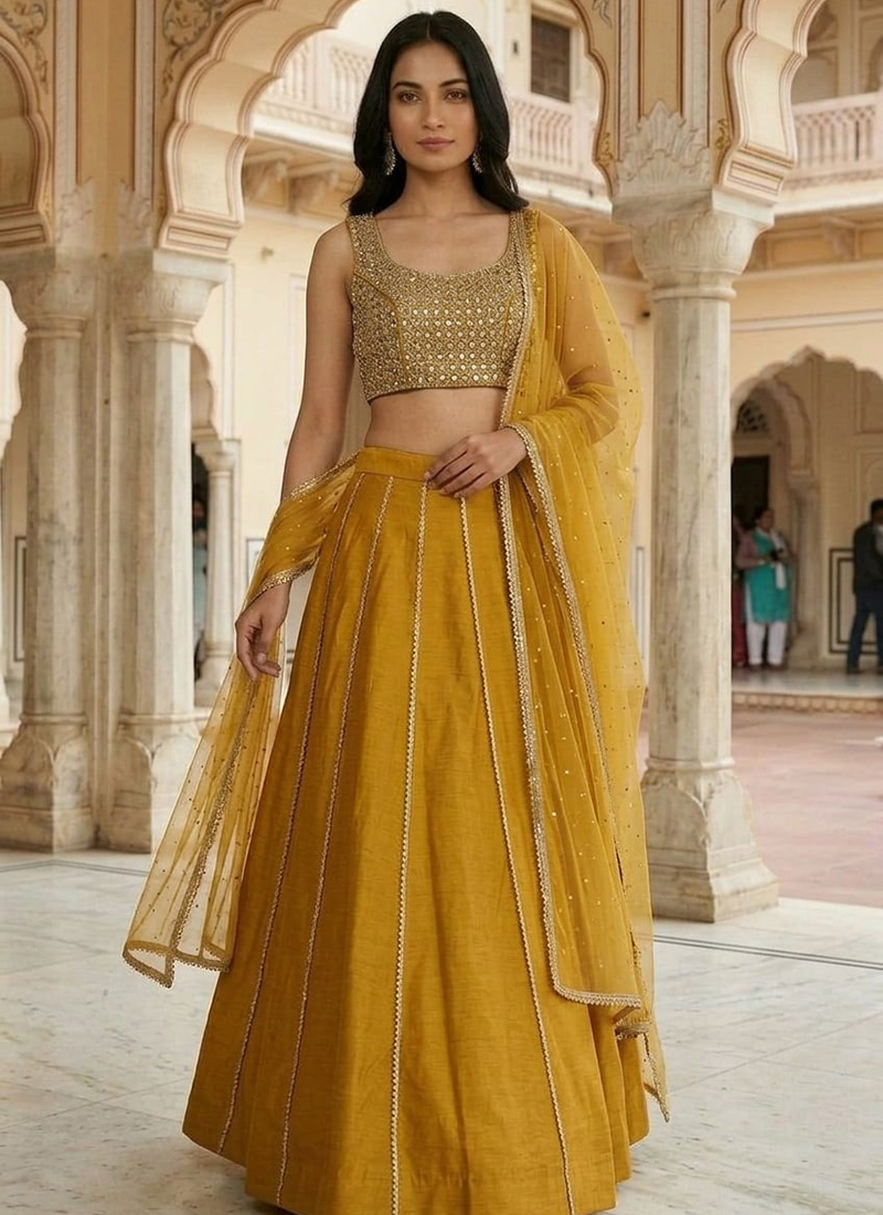 Mustard Silk Zari Mirror Hand Embroidered Lehenga Wedding Wear