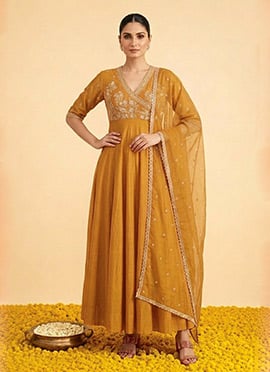 Mustard Silk Zari Resham Angarkha Anarkali Suit
