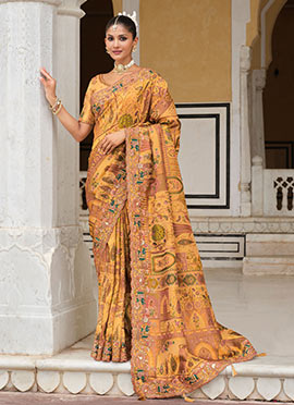 Mustard Silk Zari Resham Sequins Embroidered Stone Printed Saree