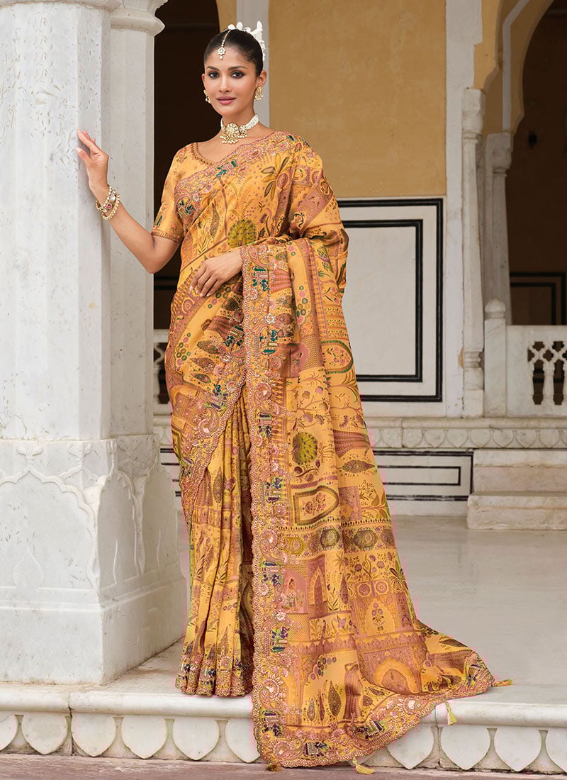 Mustard Silk Zari Resham Sequins Embroidered Stone Printed Saree Wedding Wear