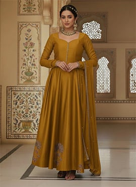 Mustard Silk Zari Sequins Anarkali Gown