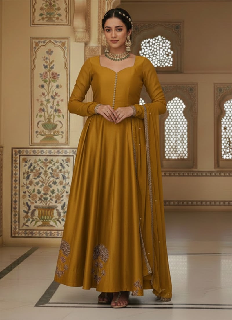 Mustard Silk Zari Sequins Anarkali Gown After Six Wear