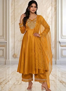Mustard Silk Zari Sequins Anarkali Suit