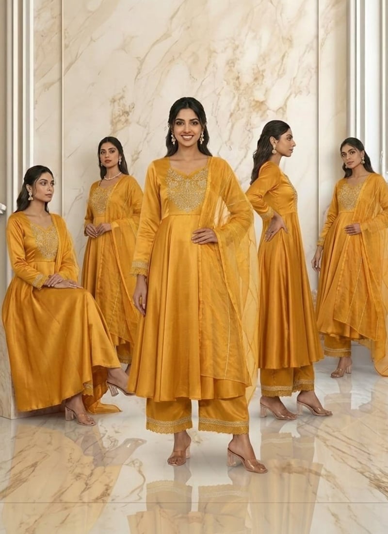 Mustard Silk Zari Sequins Anarkali Suit Wedding Wear