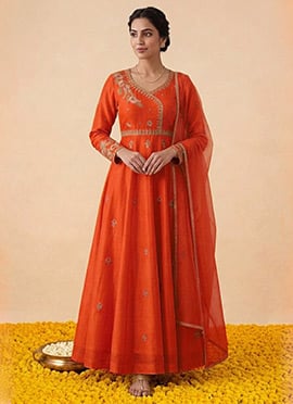 Orange Silk Zari Sequins Embroidered Anarkali Suit