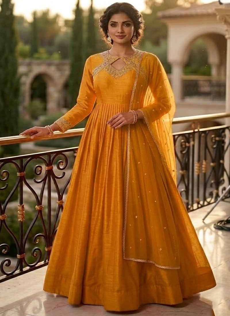 Mustard Silk Zari Sequins Embroidered Anarkali Suit Wedding Wear
