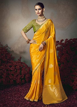 Mustard Silk Zari Sequins Embroidered Jacquard Saree