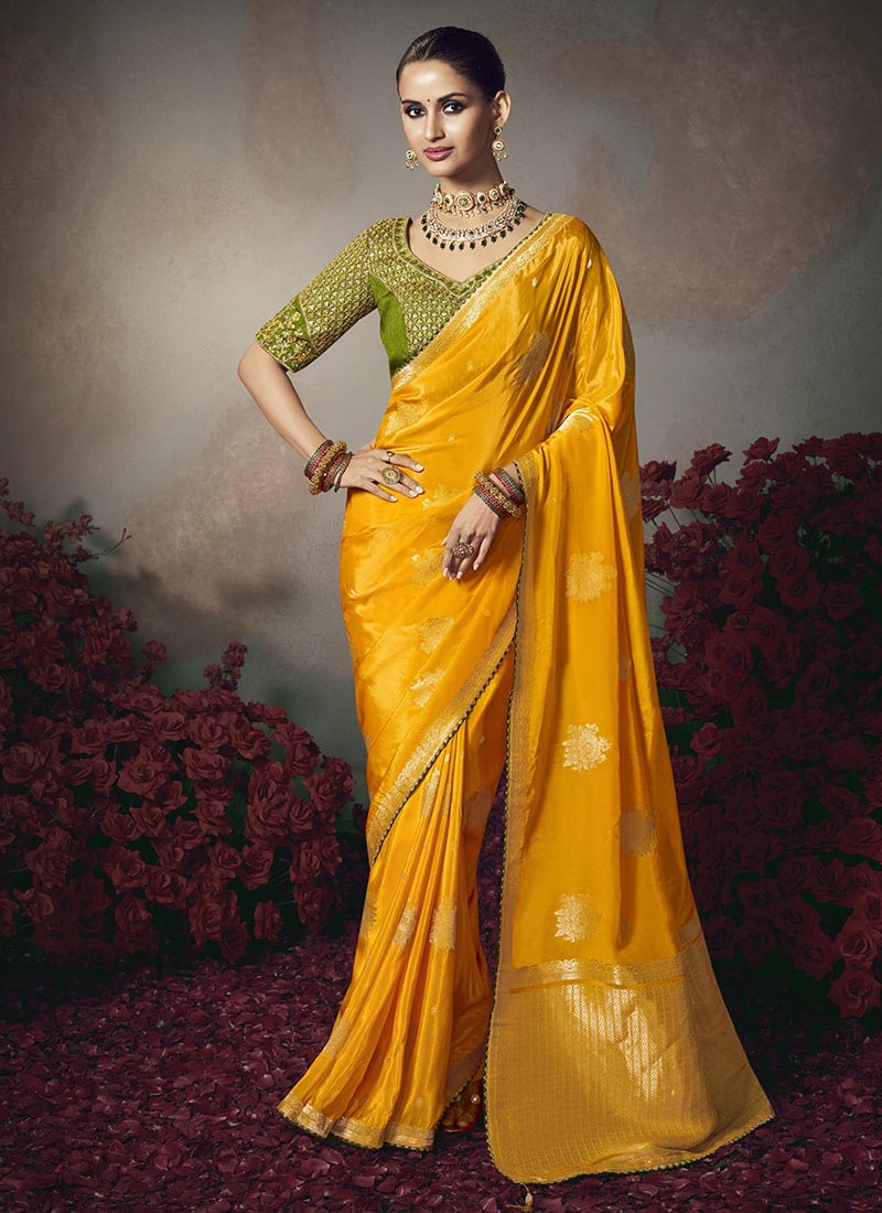 Mustard Silk Zari Sequins Embroidered Jacquard Saree Festive Wear
