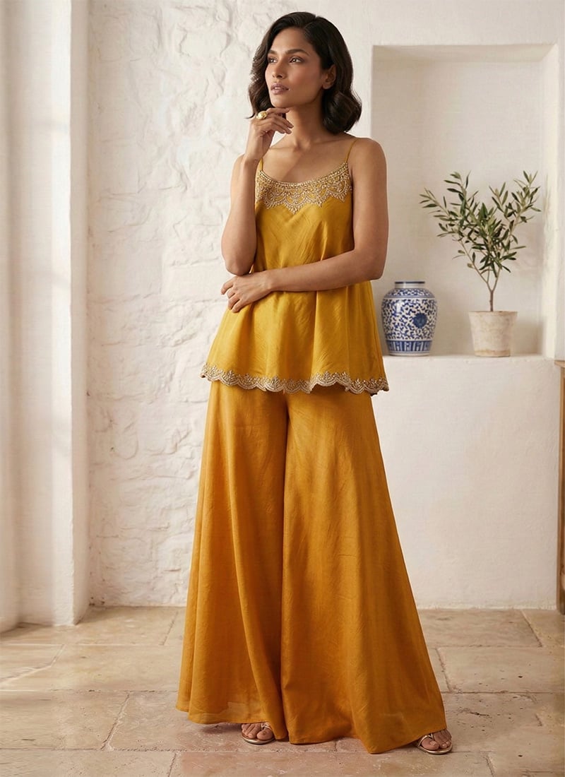 Mustard Silk Zari Sequins Hand Embroidered Indowestern Palazzo Set After Six Wear
