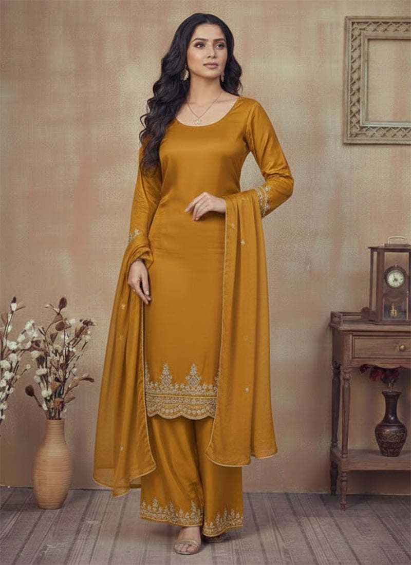 Mustard Silk Zari Sequins Palazzo Suit Festive Wear
