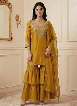 Mustard Silk Zari Sequins Sharara Suit