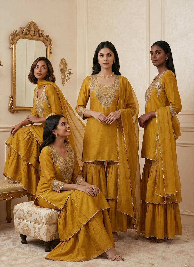 Mustard Silk Zari Sequins Sharara Suit After Six Wear