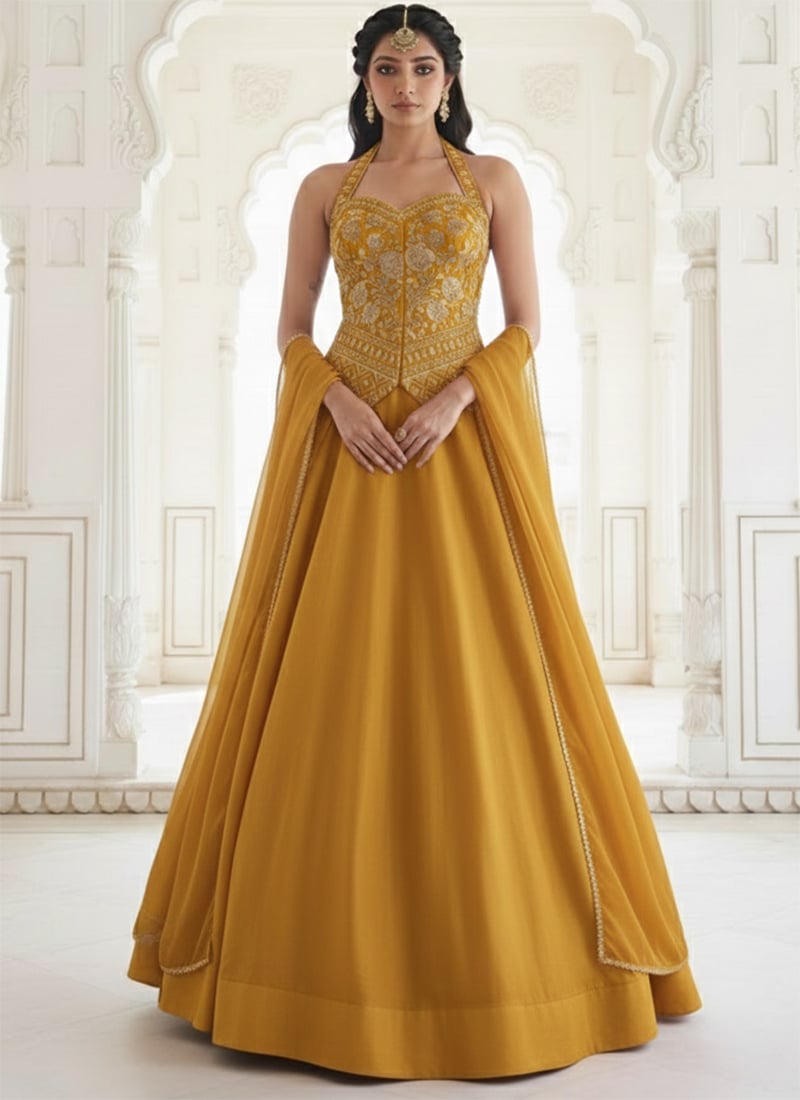 Mustard Silk Zari Sequins Umbrella Lehenga Wedding Wear