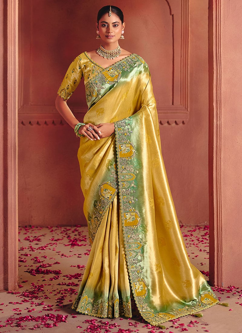 Mustard Silk Zari Woven Embroidered Sequins Saree Wedding Wear