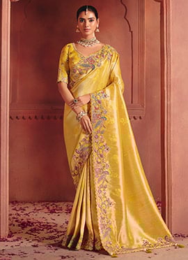 Mustard Silk Zari Woven Embroidered Sequins Saree