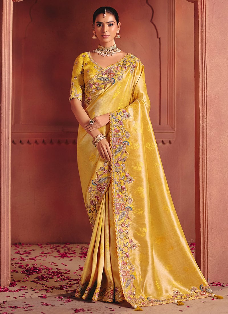 Mustard Silk Zari Woven Embroidered Sequins Saree Wedding Wear