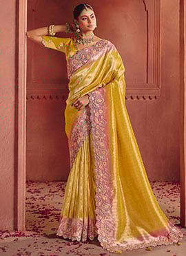 Mustard Silk Zari Woven Embroidered Sequins With Stone Work Saree