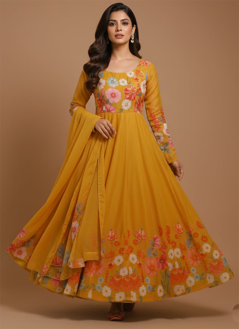 Mustard Soft Organza Silk Digital Print Anarkali Suit After Six Wear