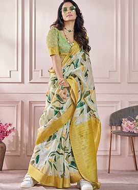 Mustard Soft Silk Printed Zari Woven Saree