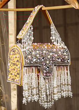 Mustard Suede Crystals Clutch