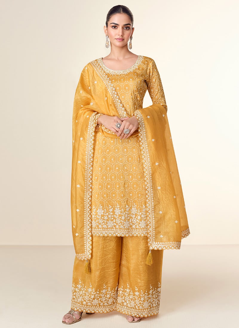 Mustard Tissue Crush Embroidered Sequins Palazzo Suit Festive Wear