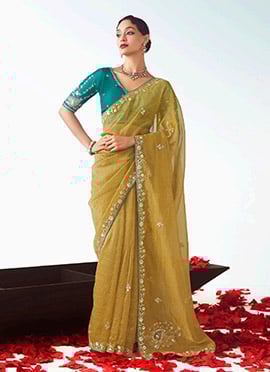 Mustard Tissue Embroidered Sequins Saree