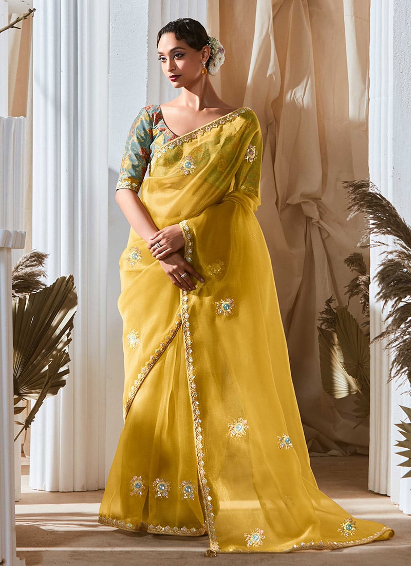 Mustard Tissue Embroidered Sequins Saree With Digital Print Blouse Festive Wear