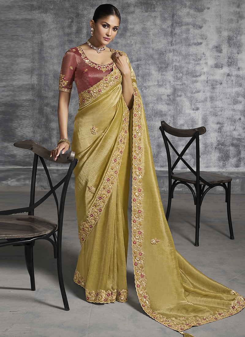 Mustard Tissue Embroidered Sequins With Stone And Beads Work Saree Wedding Wear