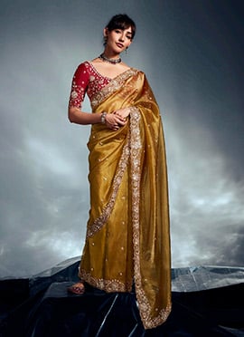 Mustard Tissue Moti Sequins Saree Wedding Wear