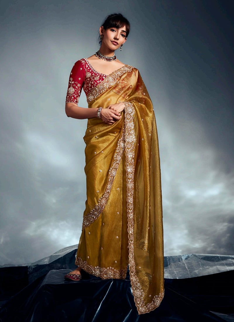 Mustard Tissue Moti Sequins Saree Wedding Wear