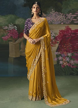 Mustard Tissue Organza Sequins Embroidered With Stone Work Saree