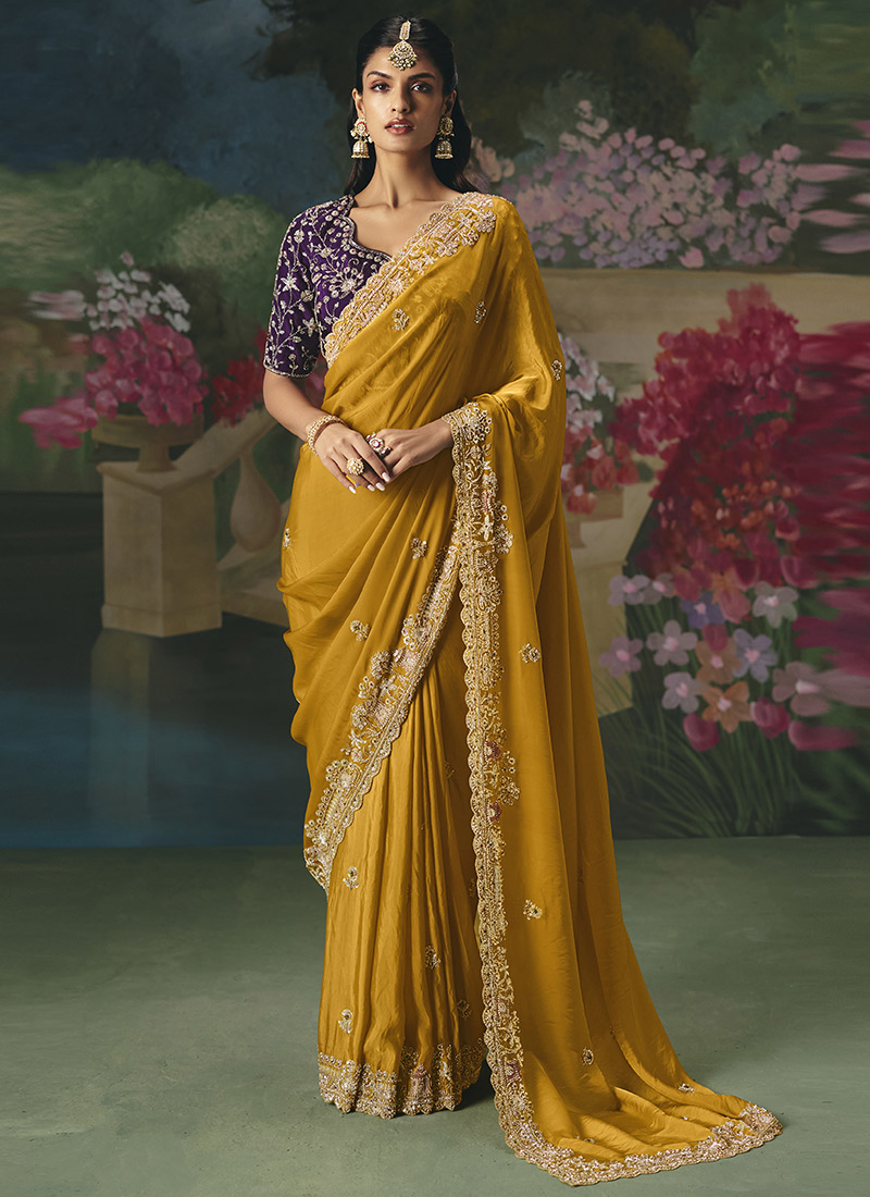 Mustard Tissue Organza Sequins Embroidered With Stone Work Saree Wedding Wear