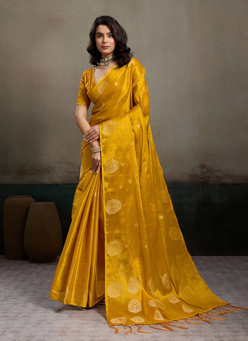 Mustard Tissue Silk Zari Jacquard Woven Saree Festive Wear